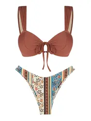 ZAFUL Damski top od bikini z marszczonym krawatem w stylu etnicznym Boho Ditsy Floral Print Bezczelne spodnie z wysokim stanem Mix and Match Swimwe