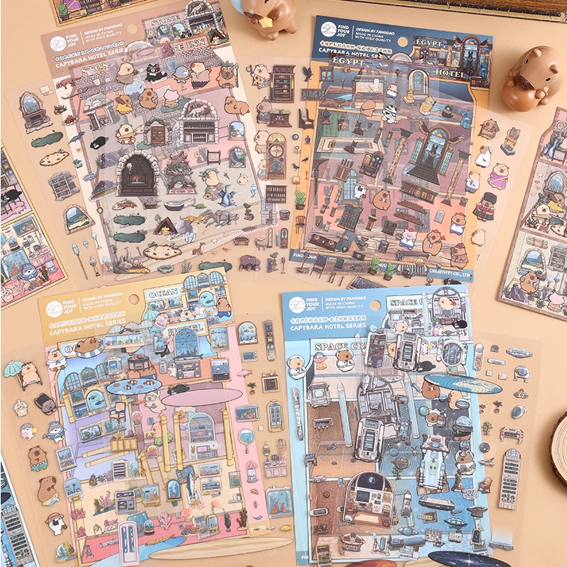 Card Lover 3 Pcs [Capibala Hotel Series] Creative Cartoon Interesting Scenes Collage Puzzle Stickers PET Material Scrapbook Kit