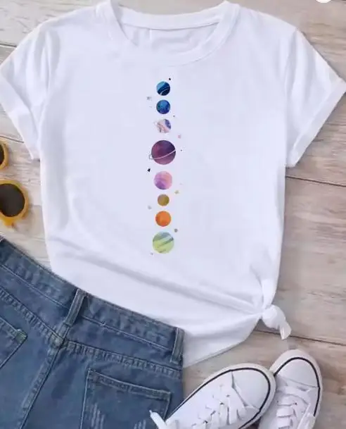 Women Astronaut Solar System Planets Graphic T Shirt Casual Short Sleeve Crew Neck Tee Space Lover Print Loose Tops