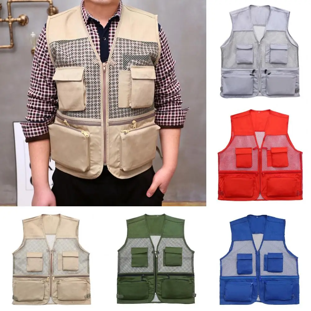 Men Waistcoat Breathable Sleeveless Multi Pockets Zipper Mesh Lightweight Director Fishing Camping Vest