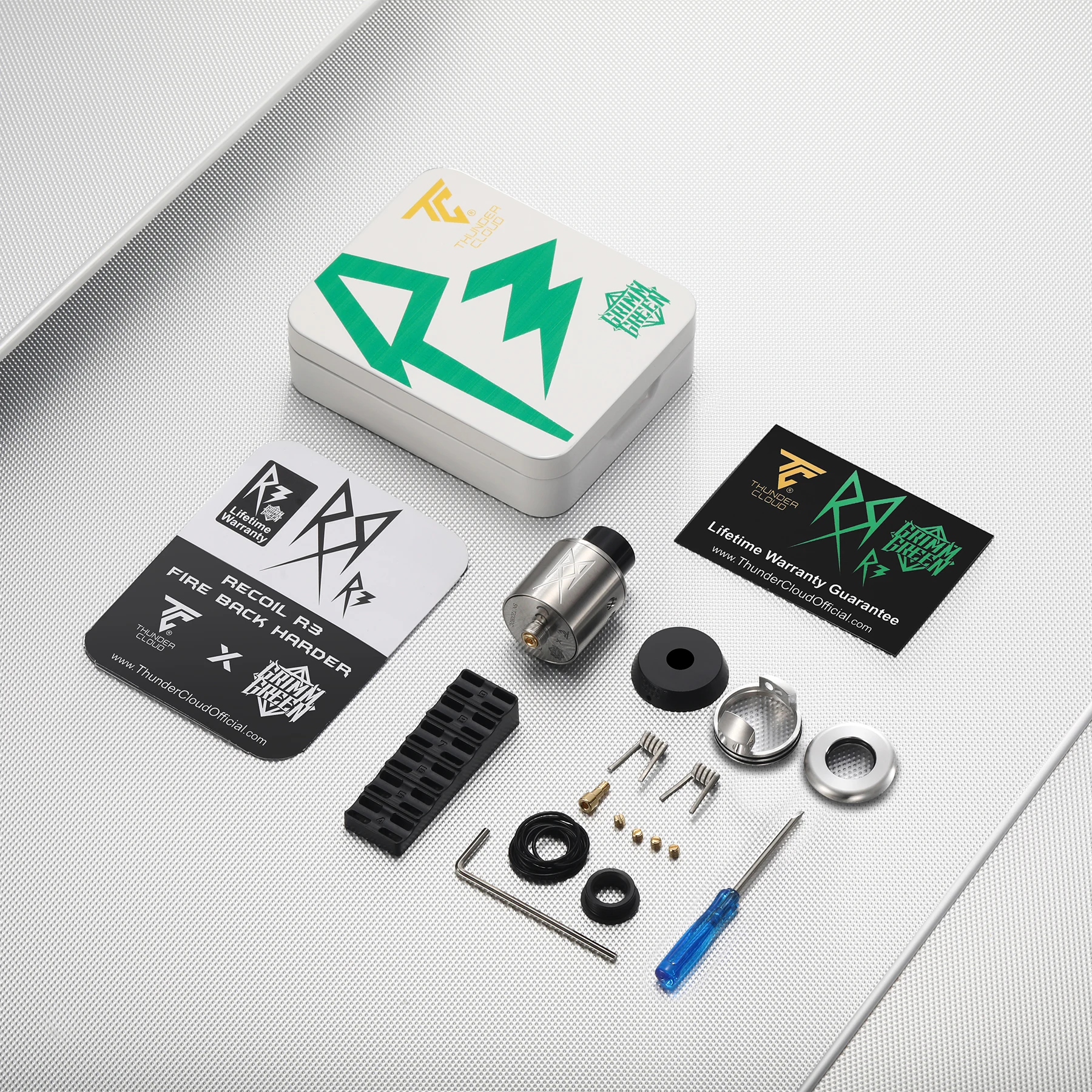 Neuester ThunderCloud X GRIMM GREEN Recoil R3 RDA-Tank 24 mm Recoil Angled Postless Build Deck 510-Gewinde BF Pin Vape Zerstäuber