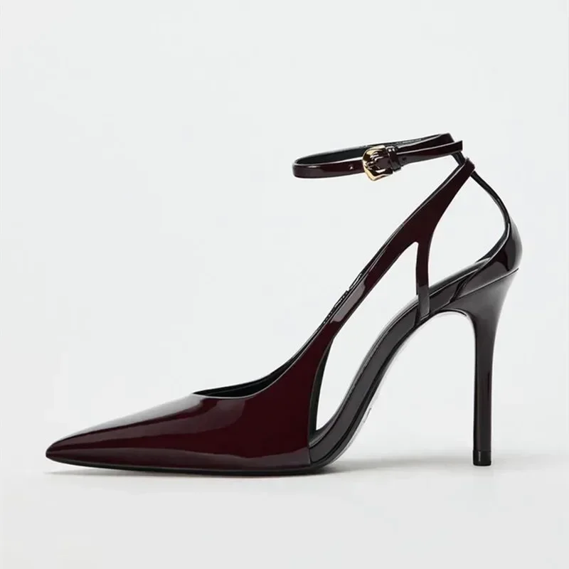

Sexy Pointed Toe Patent Leather Pumps Women Luxury Ankle Strap Buckle Slingback Design Stiletto Sandals Elegant Party Dress Shoe