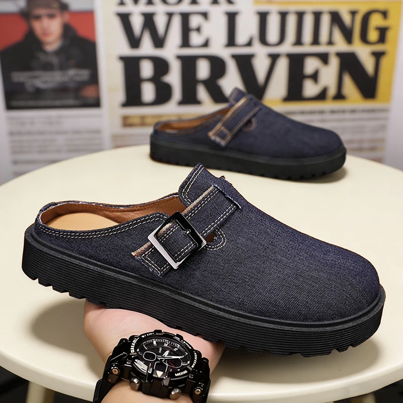 Denim Mules for Men Closed Toe Slip On Shoes 2026 Wide Toe Open Back Casual Loafers Slippers Flat Sneakers Non-Slip Lazy Drivers