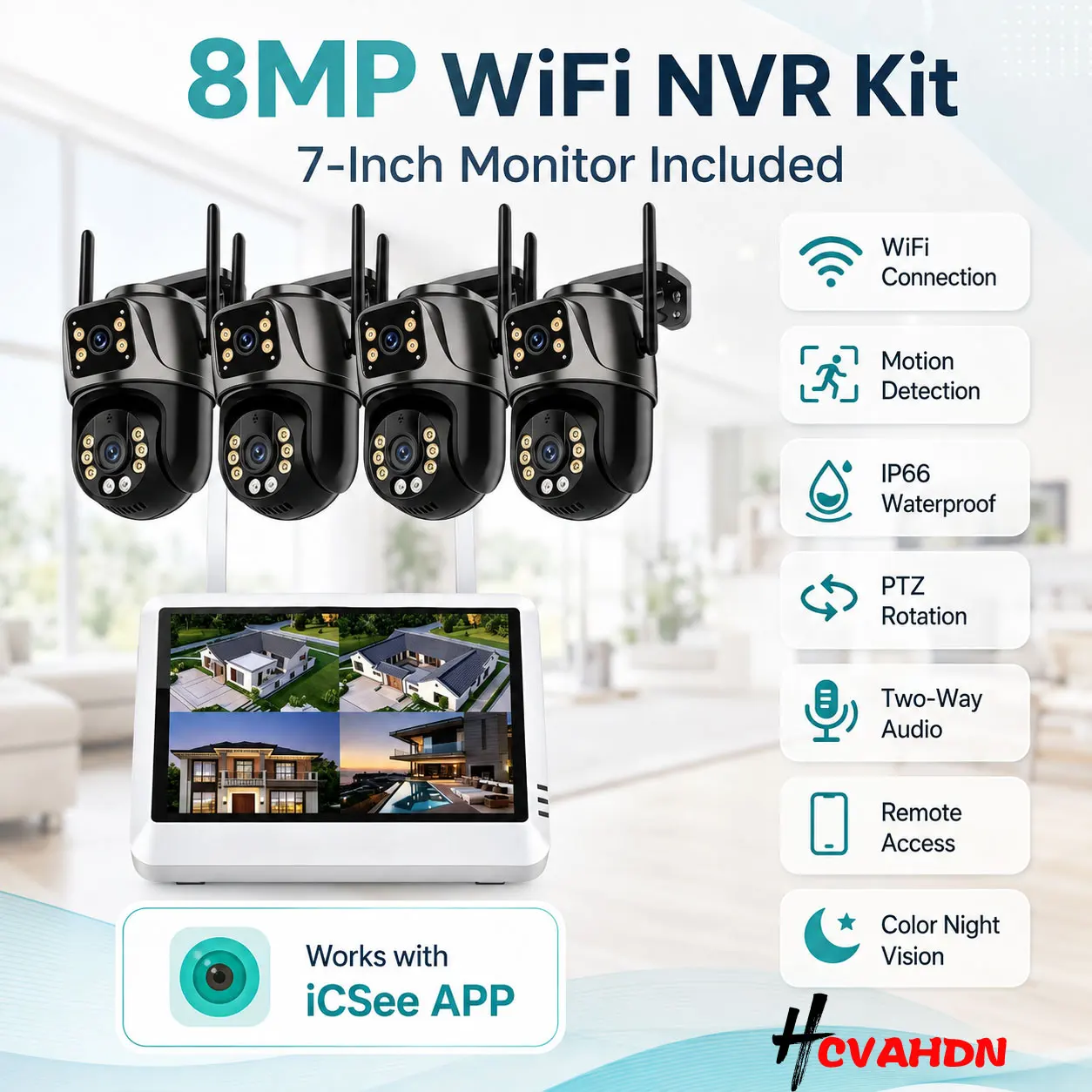 ICSEE 8MP WiFi CCTV Camera Kit with 8CH NVR 5MP Monitor NVR Human Detection Wireless Video Surveillance System Kit for Home