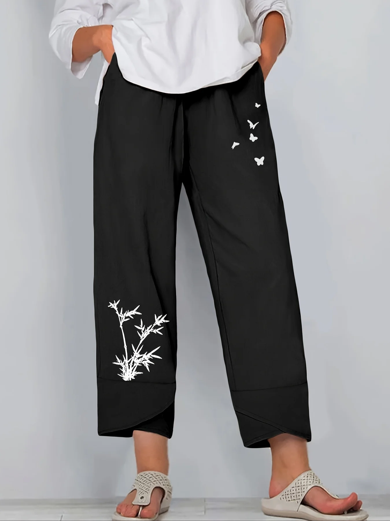 New Women's Pants Retro Style Butterfly Printed Women's Wide Leg Pants Large Size Casual Elegant Women's Fashion Harem Pants