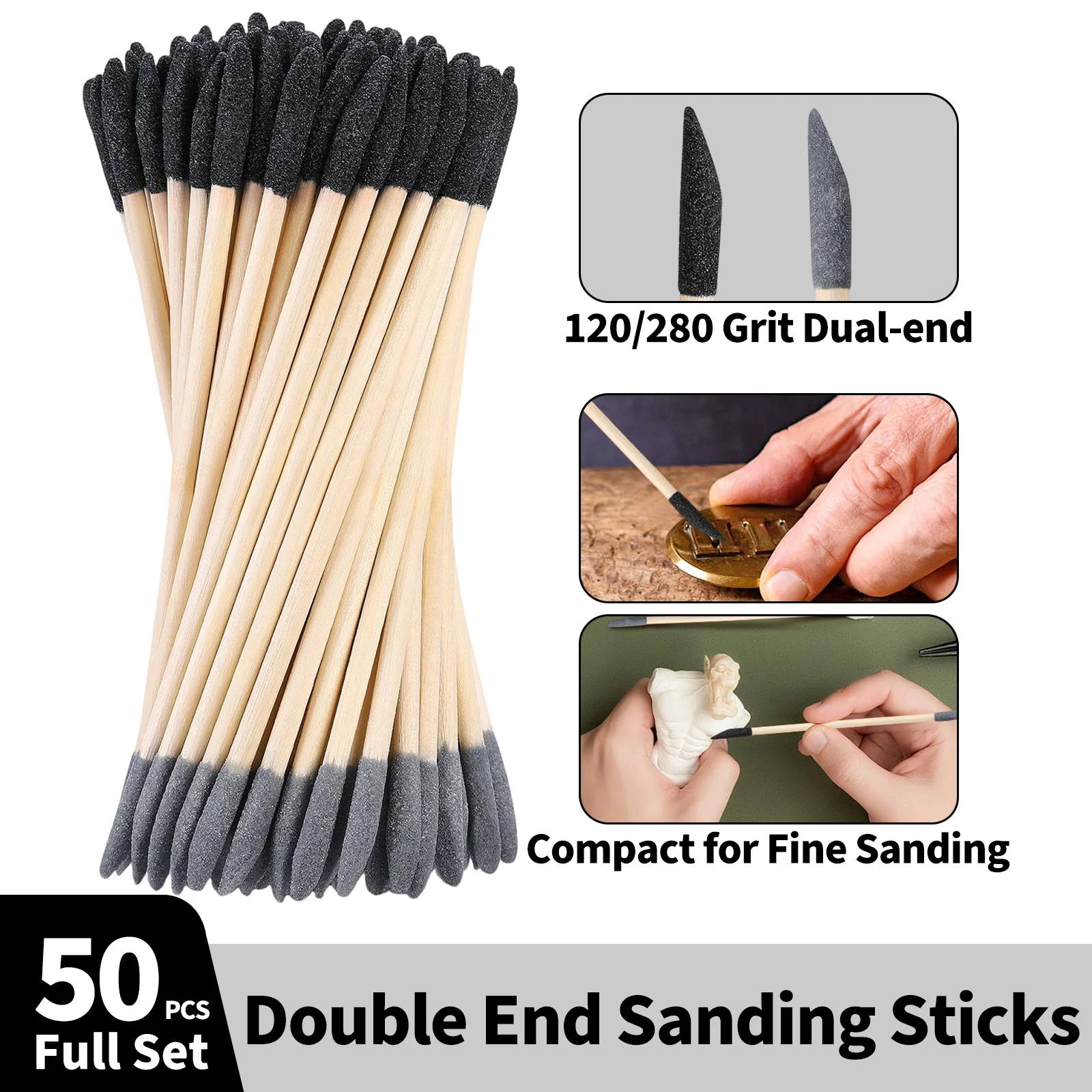 

50 шт. двусторонних шлифовальных палочек с зернистостью 120/280 для моделей, углов, ювелирных изделий, дерева, рукоделия, удаления заусенцев и полировки в труднодоступных местах