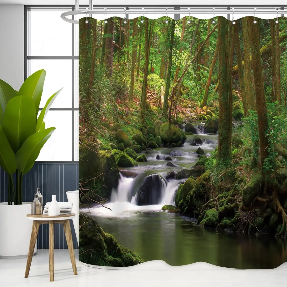 

Nature Shower Curtain Flowing Stream Forest Waterfall Natural Landscape Green Trees Jungle Mossy Rocks Themed Scenery Waterproof