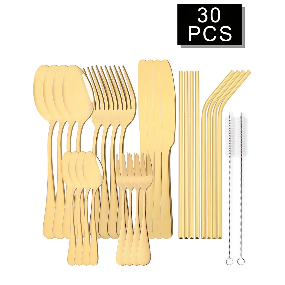 

30Pcs Gold Dinnerware Stainless Steel Cutlery Set Knife Cake Fork Tea Spoon Straw Flatware Set Kitchen Silverware Tableware Set