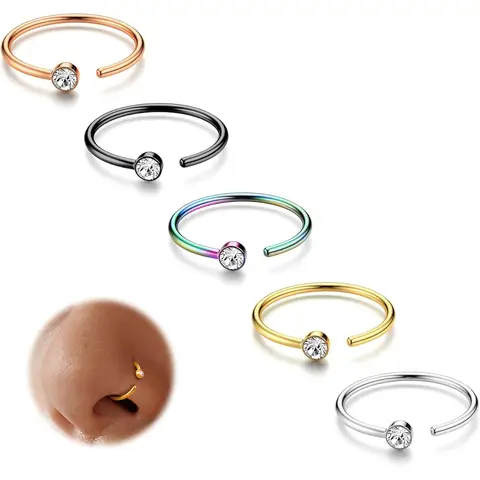 5Pcs 20G Stainless Steel Nose Ring Hoop for Women Men Nose Stud CZ Body Ear Piercing Jewellry 5 Mixed Colors