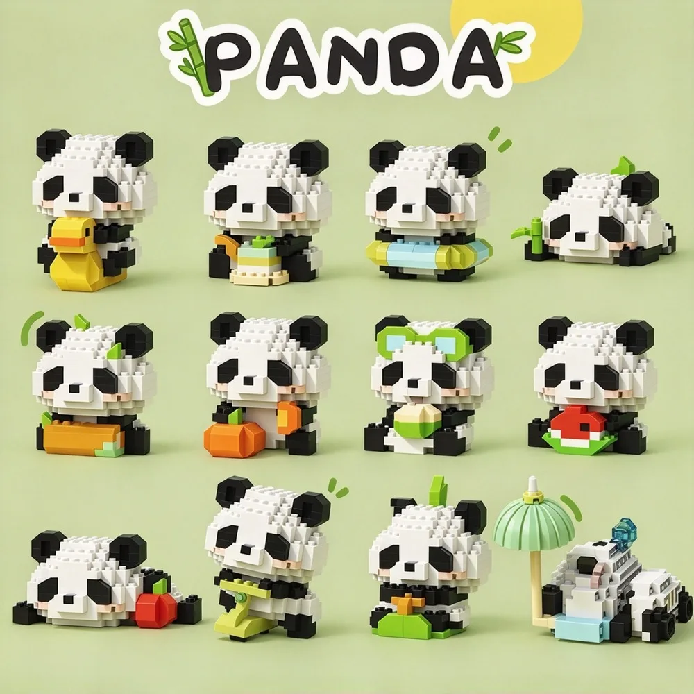 Micro Particle Building Blocks Panda Figurine Assembly Model Cute Tabletop Swimming Scooter 12 Styles Collectible Decor Present