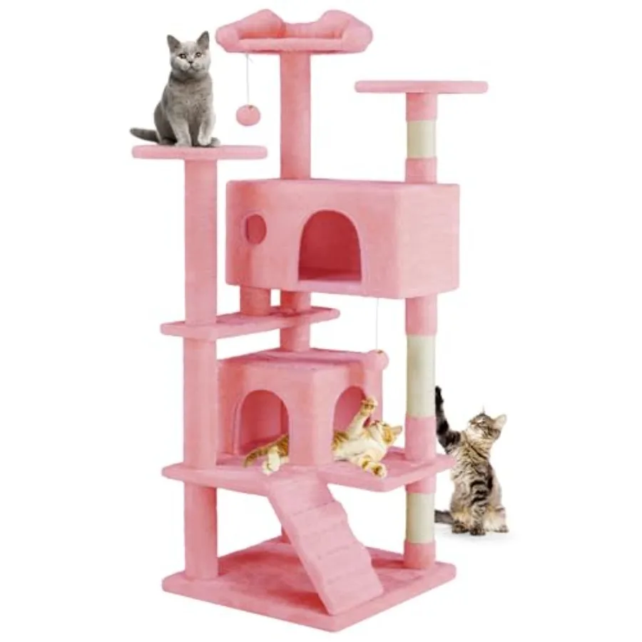 

54-inch Indoor Cat Tree Tower for Large Cats with Multi-Level Design Pink Sisal Scratching Posts Round Platform Small Ladder an
