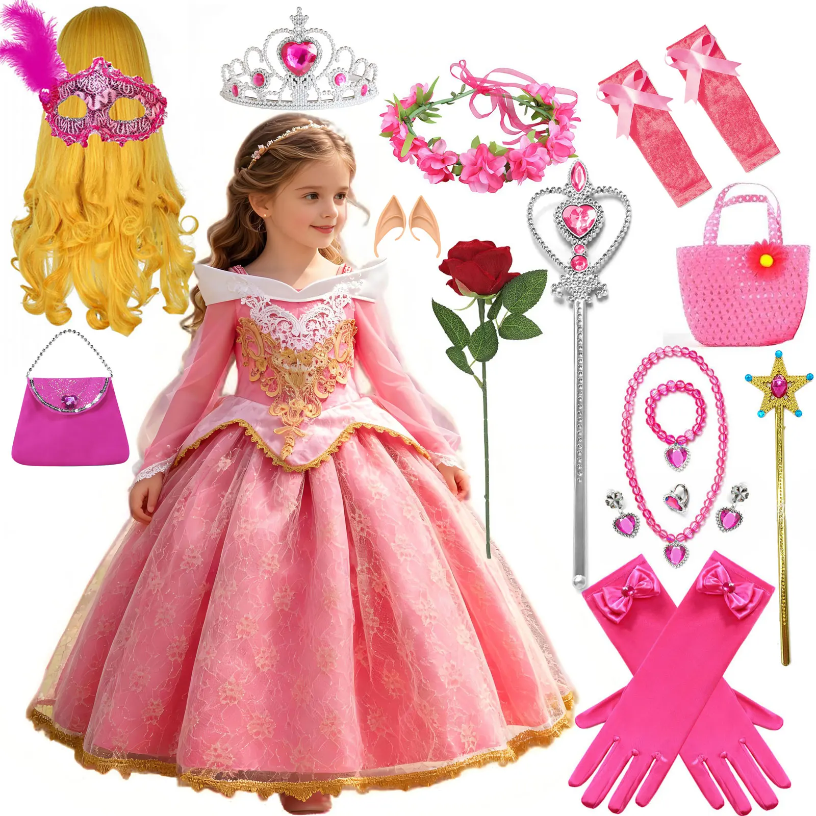 

Girls Cosplay Aurora Style Princess Dress With Crown Gloves Jewelry Wand Bag Complete Outfit Kids Carnival Birthday Dress Suit