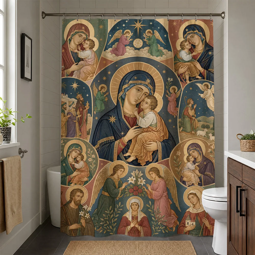 Vintage Religious Art Shower Curtain Christian Iconography Madonna and Child Biblical Scene Bathroom Decor