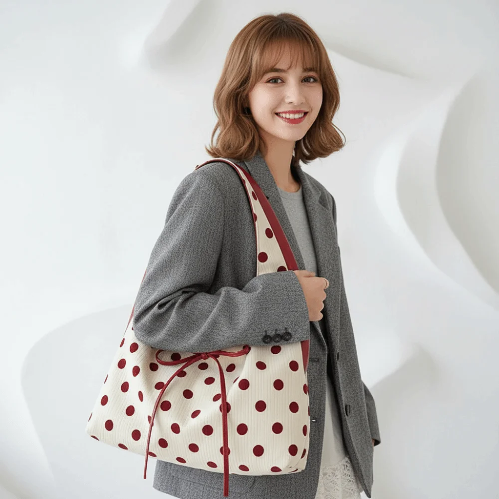 

Casual Korean Style Polka Dot Shoulder Bag Cute Retro Underarm Bag Fashion Bow Canvas Tote Bag Daily
