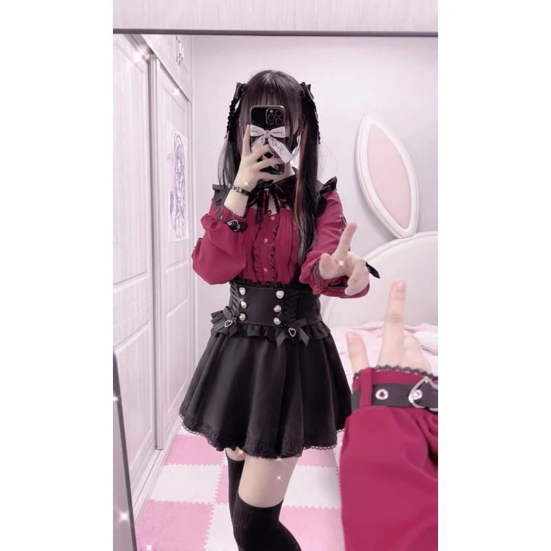 Rote Spitze Oulder Bared Long Sve irt und Rock mit hoher Taille, japanisches Sle orm Outfit k Series School orm