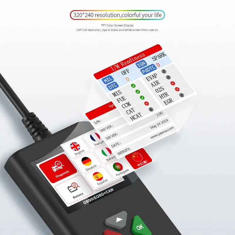 YA206 Code Reader Car Scanner OBDII EOBD Engine Check Battery Test Auto Diagnostic Tool OBD2 Scanner PK CR3001 KW310