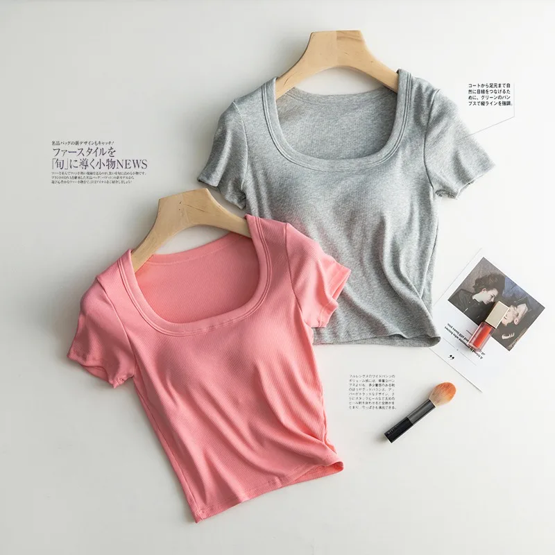 2023 New Women Bra T-Shirt Cotton Bra-T With Pad Cup Short Sleeves Summer Sexy Casual Bra One Piece Sports Tank Top U collar