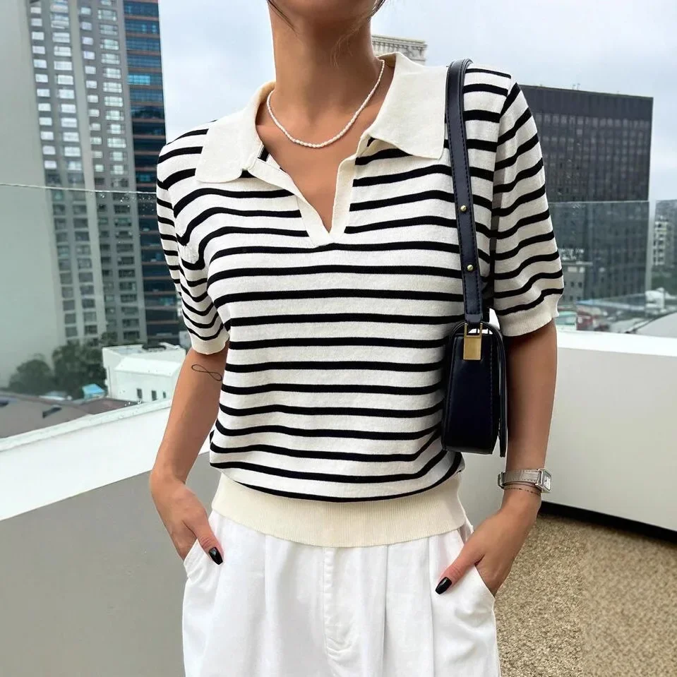 

Spring Summer New Casual Women's Polo Neck Short Sleeve Knitted Top Striped Thin Model for Hot Weather Pure Color Design
