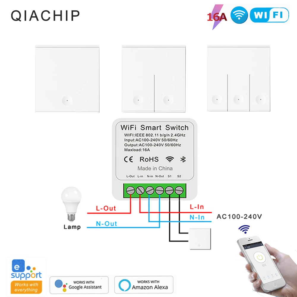 

eWelink Mini Wifi Smart Switch 16A AC 100-240 Wireless Wall Switch 1/2/3 Gang 2.4G with Alexa Google Hom for for Lamp LED Fan