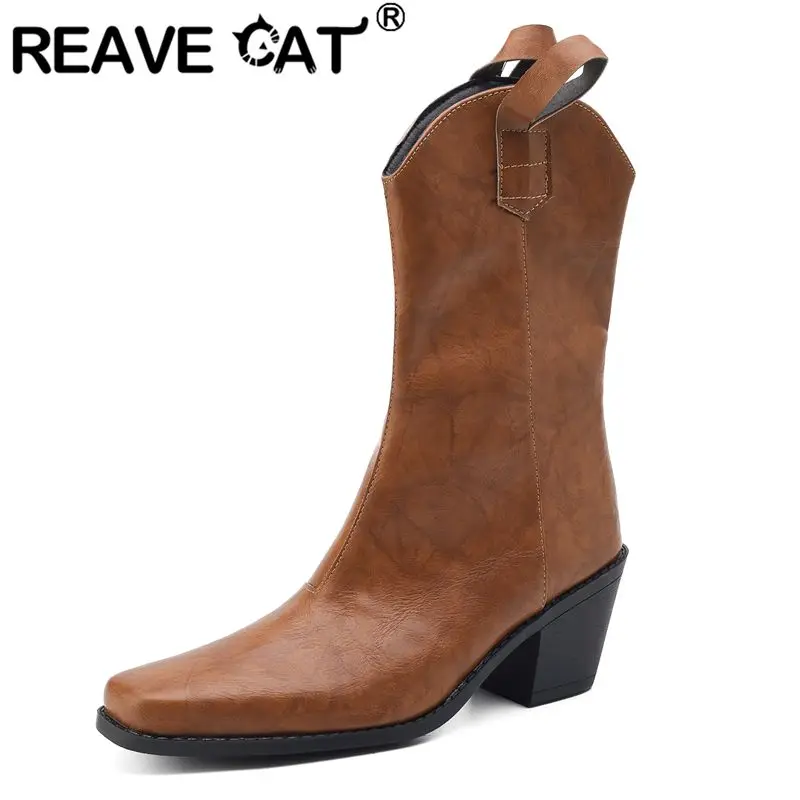 

REAVE CAT Брендовые женские ботинки до середины икры для отдыха, туфли без шнуровки 6 см, 41 42 43, винтажные женские повседневные ботильоны