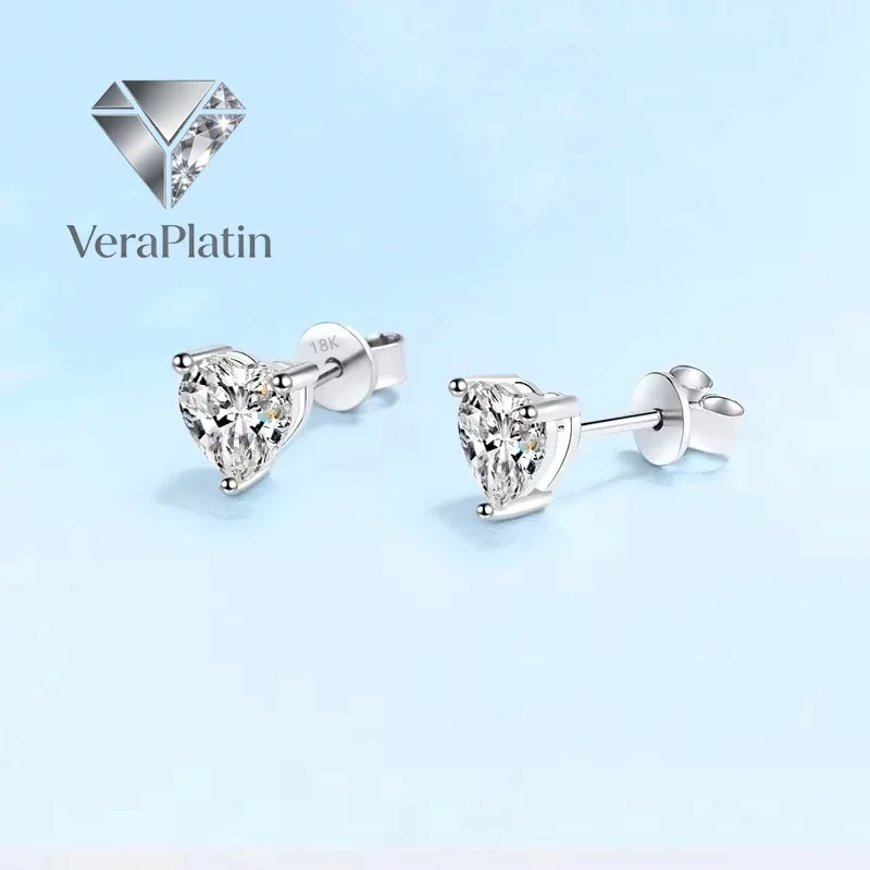 

ВераПлатин Изысканные серьги-гвоздики из белого золота 18 карат для женщин, свадебные, с муассанитом в форме сердца 0.5 карата, подарок для девушки