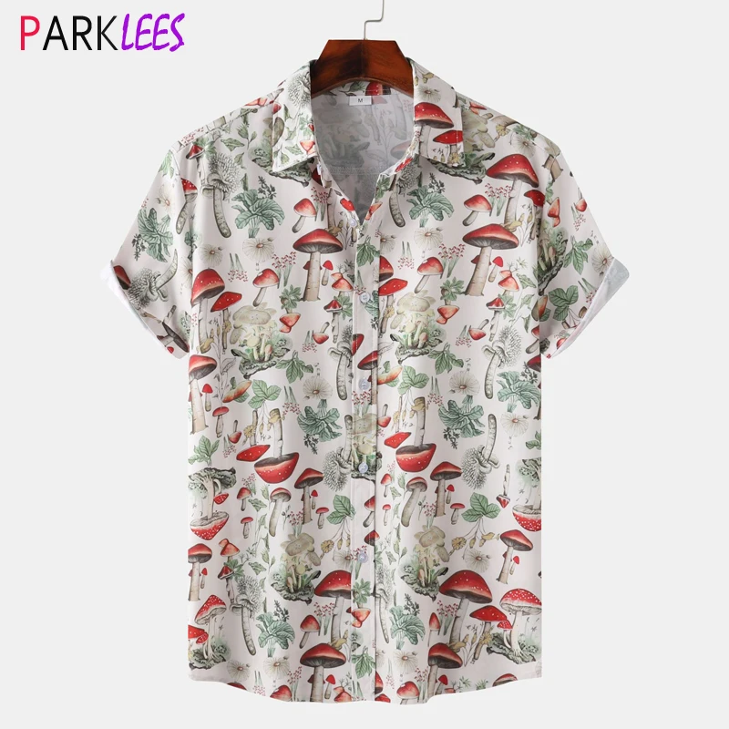 Mens Hawaiian Tropical Shirt 2024 Summer Fashion Mushroom Print Button Down Floral Shirt Casual Beach Party Shirt Chemise Homme