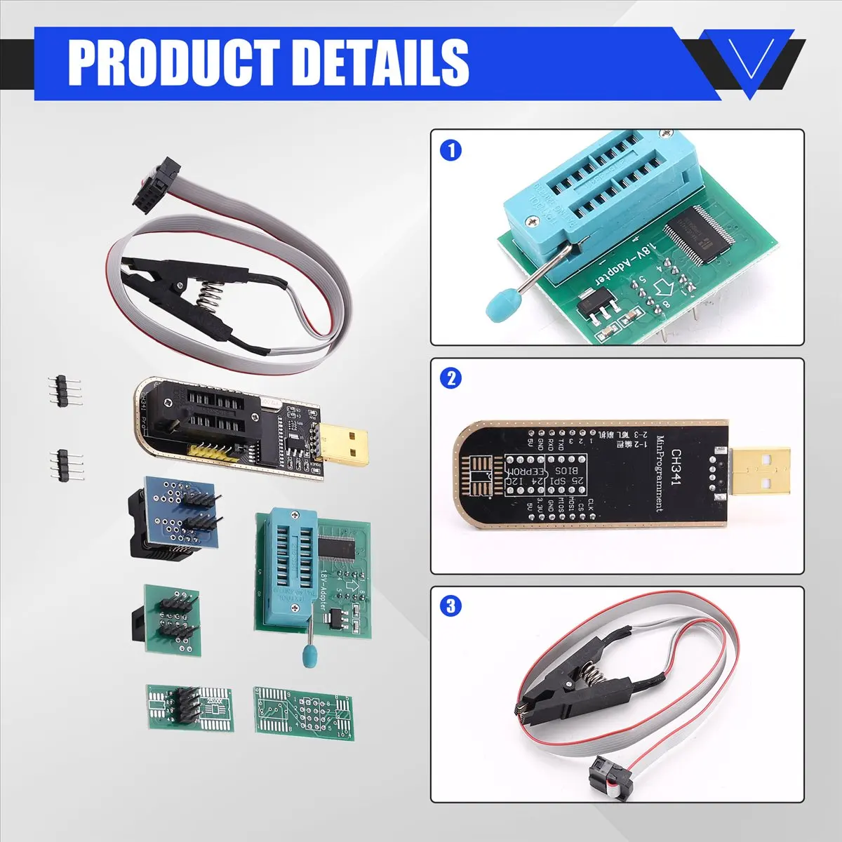 @@HUND-CH341A BIOS USB Programmer SOP8 DIP8 1.8V Conversion Socket 8-Pin Test Clip Set for or Motherboard