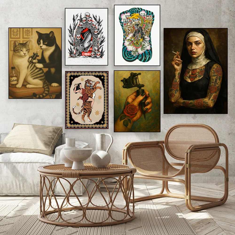 Back tattoo, woman with tiger, tattoo cat, fierce female leopard, tattoo machine, tattoo nun art, traditional tattoo poster