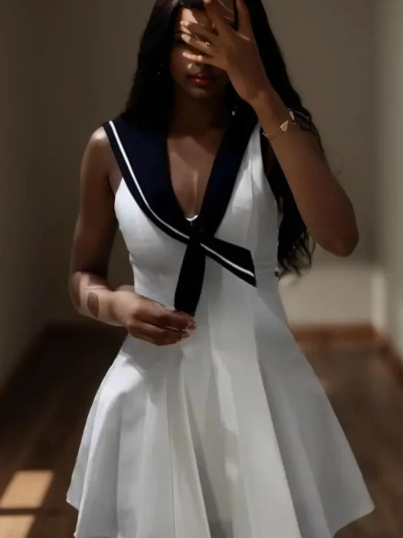 

Мини-платье контрастного цвета, модные короткие платья с матросским воротником для женщин, новое мини-платье в студенческом стиле, повседневная уличная одежда