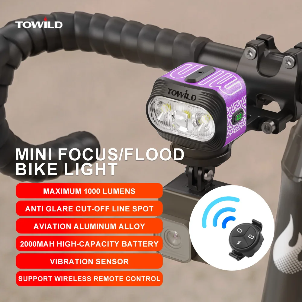 TOWILD BLMINI Fahrradbeleuchtung mit Fokus-/Breitstrahl, 1000LM, wiederaufladbar, LED-Fahrradlicht, IPX6, kompakter Scheinwerfer, Aluminium-Taschenlampe