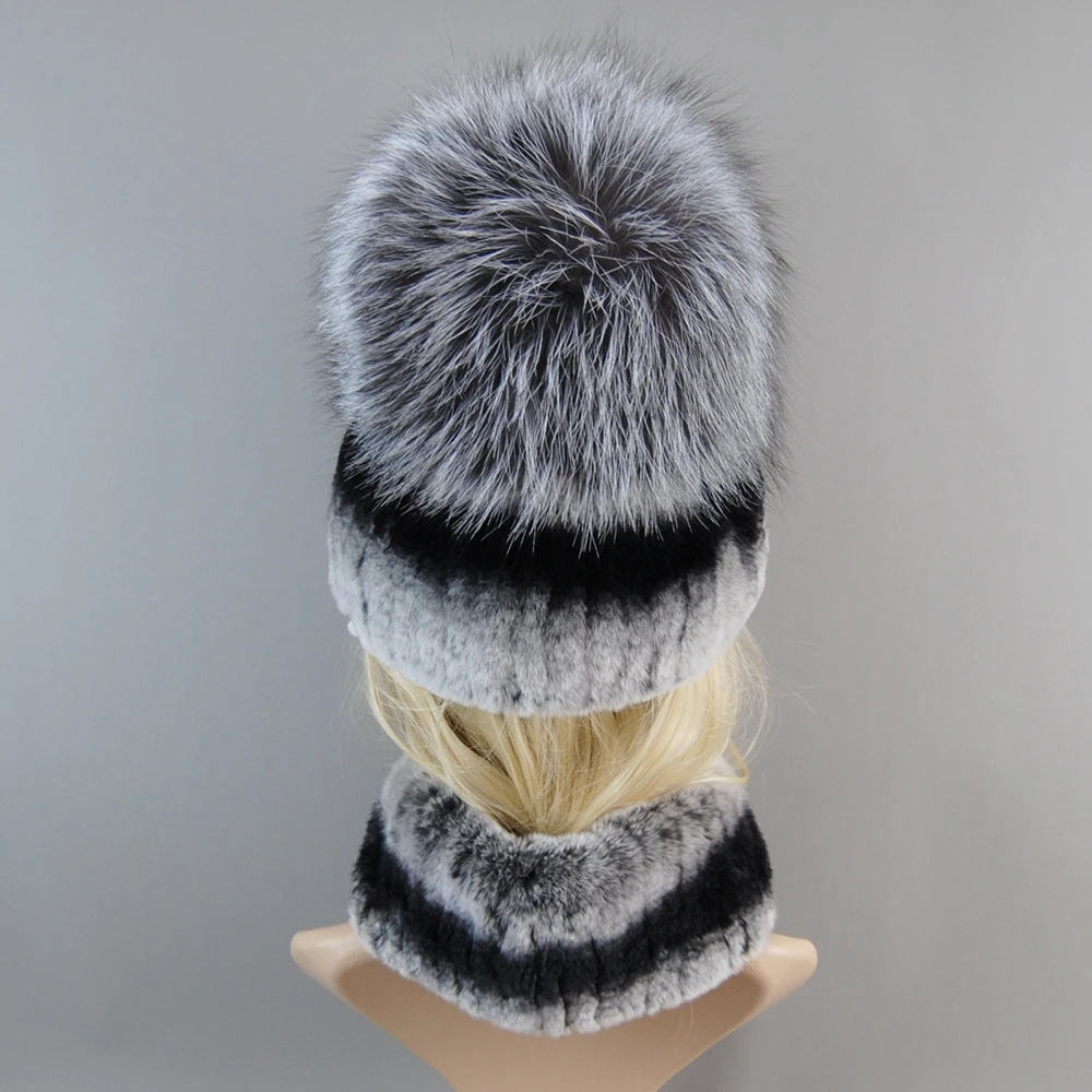 2024 Women Natural Real Rex Rabbit Fur Ring Cap Real Fur Scarves Hats Winter Lady Brand Hand Make Real Silver Fox Fur Hat Scarf