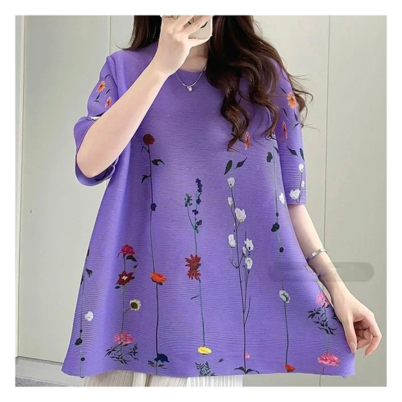 2025 Top estivo a pieghe T-shirt ampia stampata casual comoda da donna Girocollo Camicia a maniche corte Top
