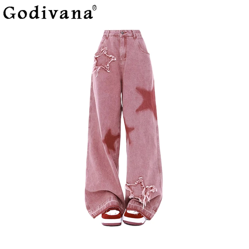 

Large Size Women American Street Pink High Waist Autumn Korean Wide-leg Jeans Loose Fashion Versatile Straight Leisure Trousers