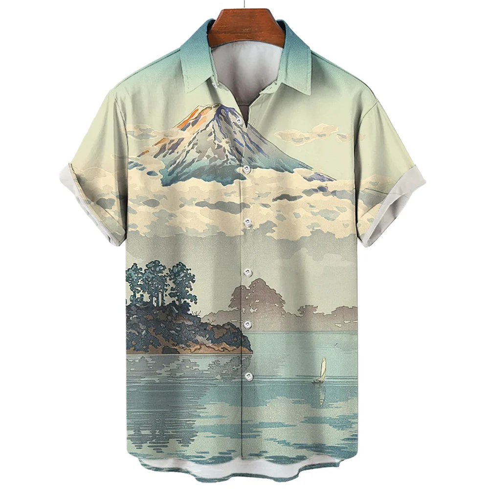 Ocean Y2K Vintage Men\'S Lapel Social 3d Casual Hawaiian Fashion Shirt For Man Street Short Sleeves Male Clothes Camisas Casuais