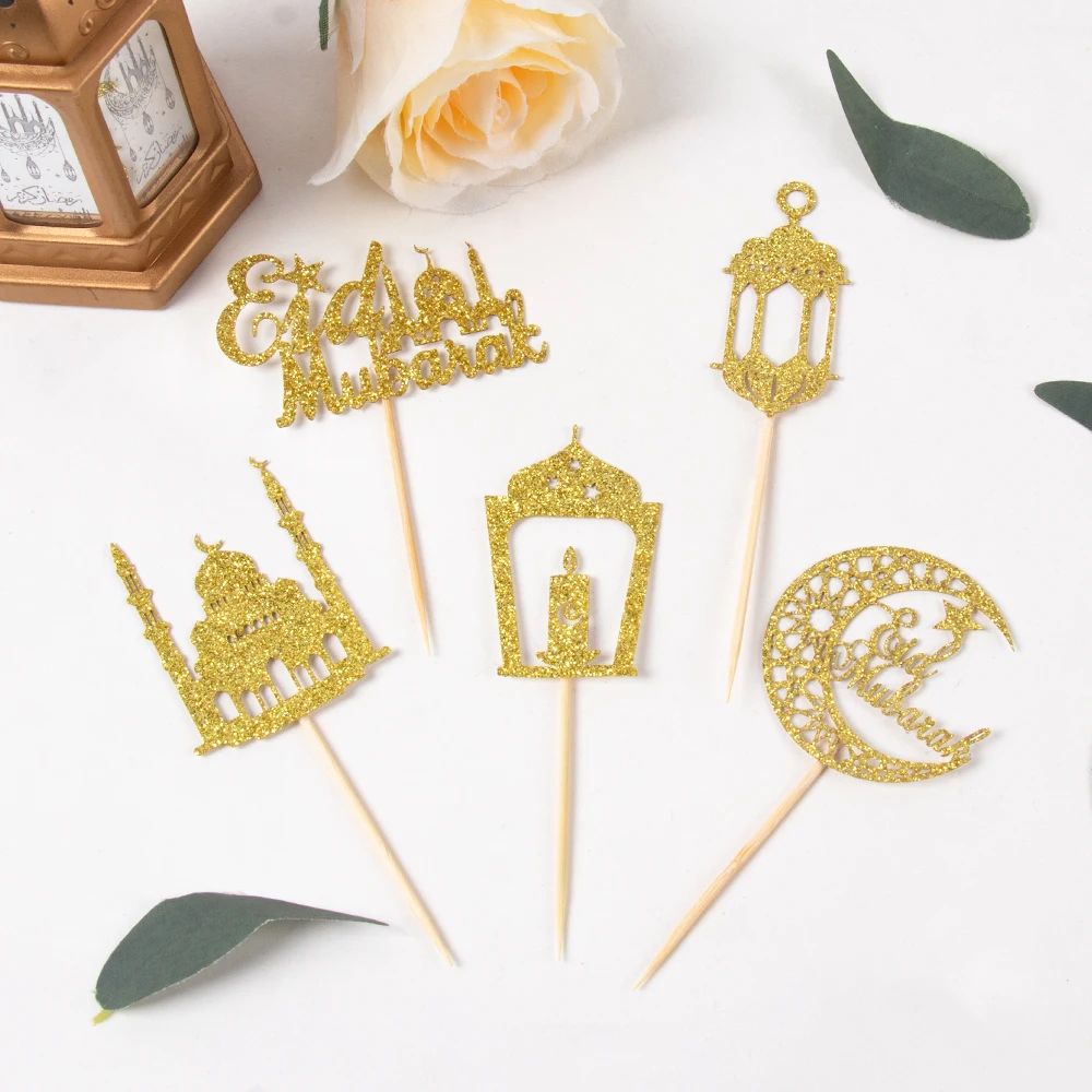 12/24pcs Glitter Gold Eid Mubarak Cupcake Toppers Moon Star Ramadan Kareem Cake Decor Islamic Muslim Party Baking Cake Supplies