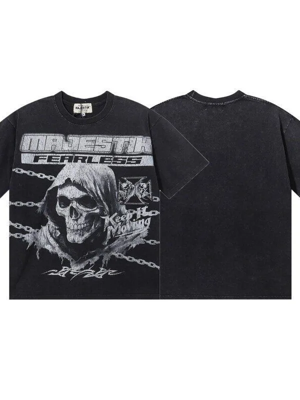 Retro American Street Style Skeleton Print Washed out Diamond Lettering Loose Casual Short Sleeve T-Shirt Cotton Spring Summer