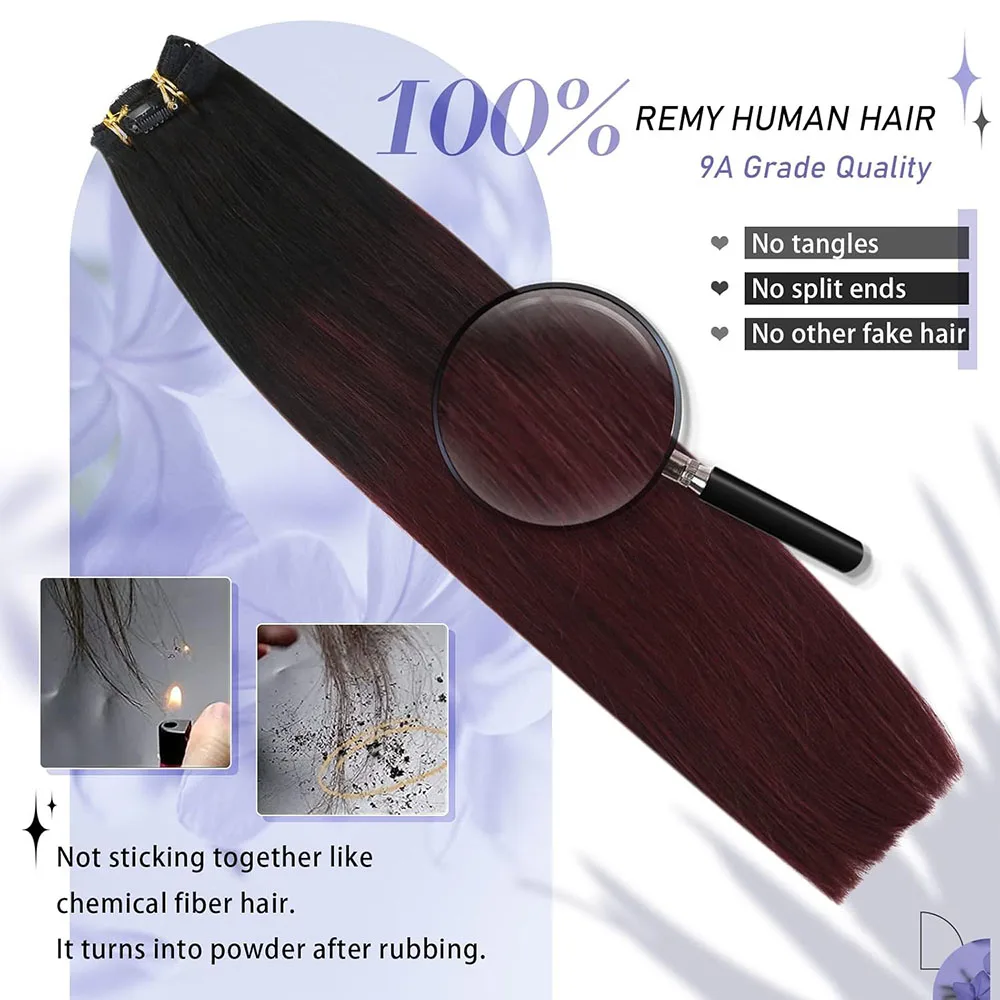 1B/99J Burgundy 8 Pcs Color Straight Clip-In Human Hair Extensions 8-24 Inch 100% Unprocessed Brazilian Remy Virgin For Women