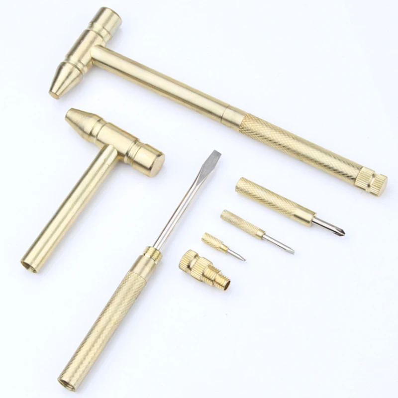 New 6 in 1 Micro Mini Multifunction Multi Brass Hammer 3 kinds Screwdriver Bits Pocket DIY Tools small round hammer 5 in 1