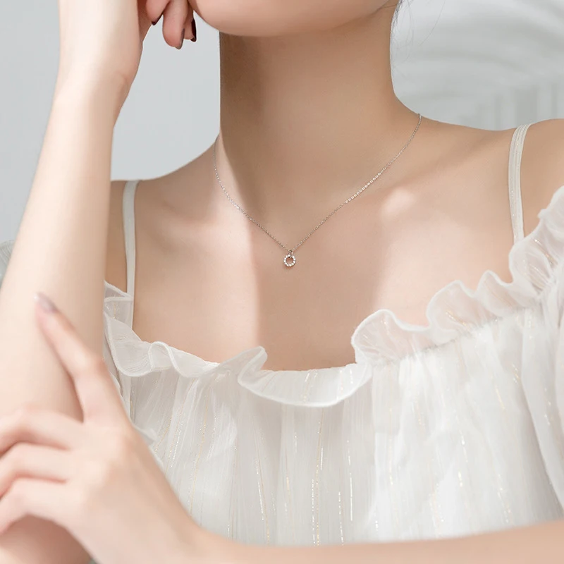 Modian Double Round Clear CZ Necklace for Women Genuine 925 Sterling Silver Gold Color Chain Necklaces Female Fine Jewelry