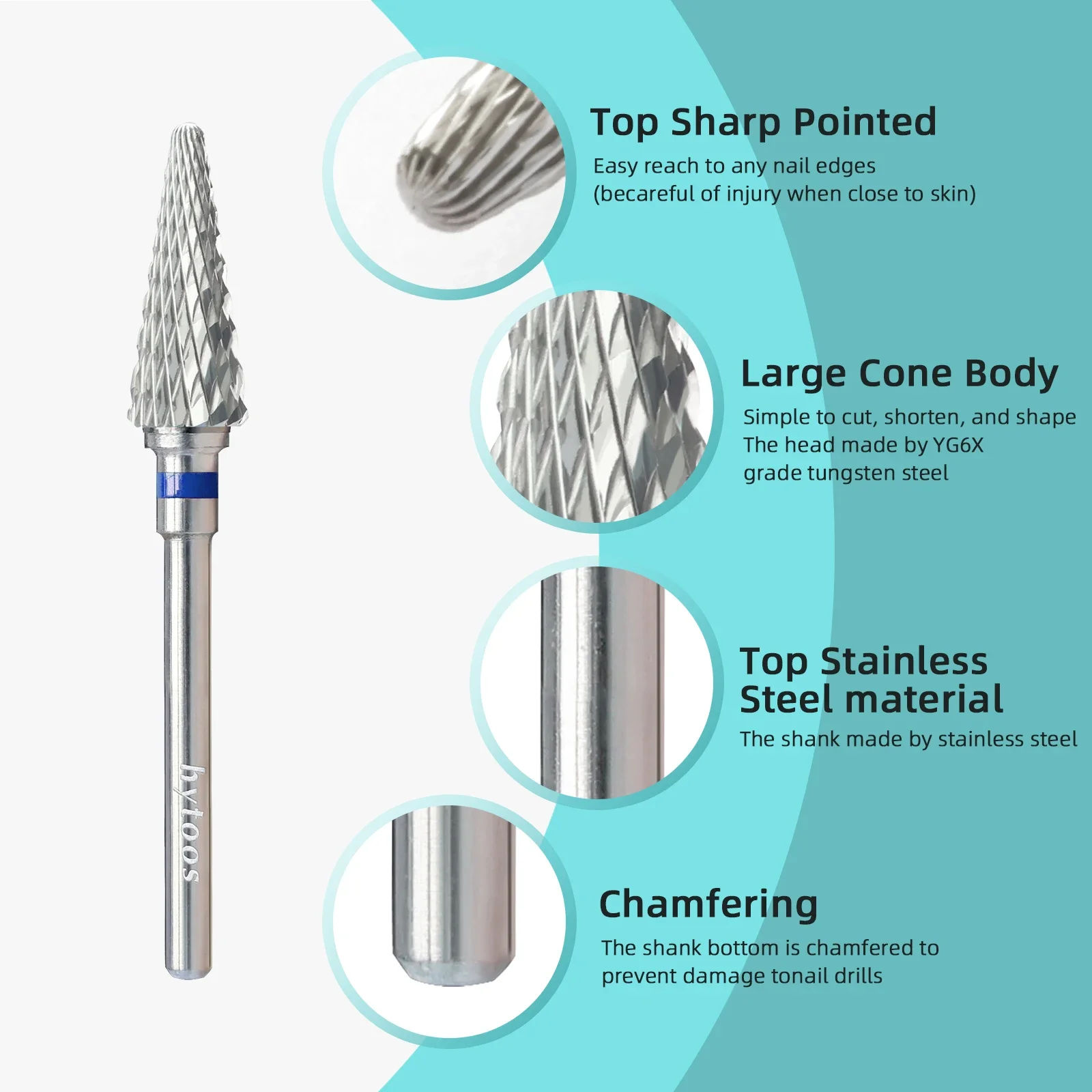 HYTOOS forets à ongles coniques 15mm forets coniques en carbure anti-poussière pour l'élimination des ongles manucure vernis Gel doux nettoyage des cuticules