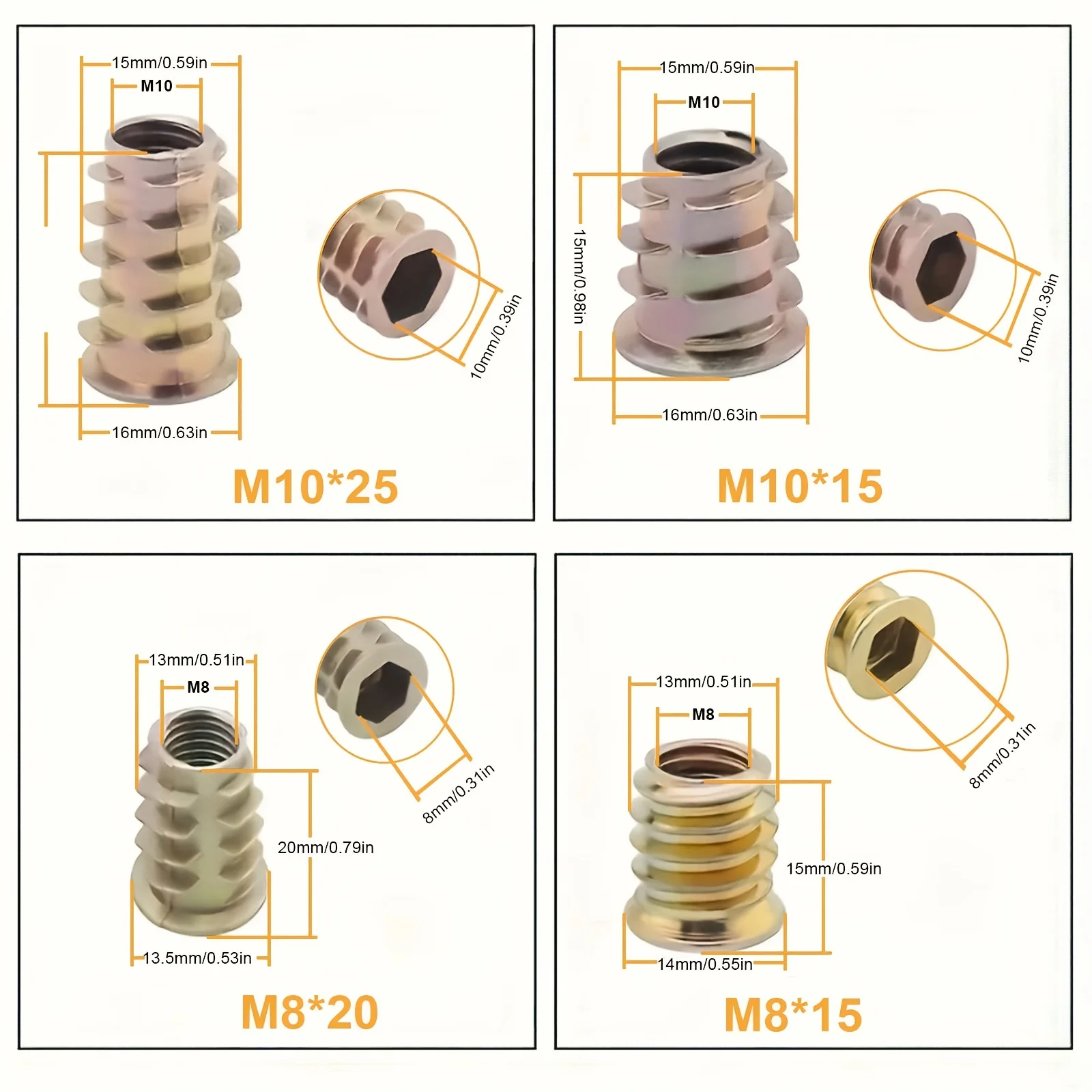 230 Pcs Hexagonal Threaded Inserts for Wood Furniture, Bolt Fastener Joints, M4 To M10 Internal Thread and External Thread.