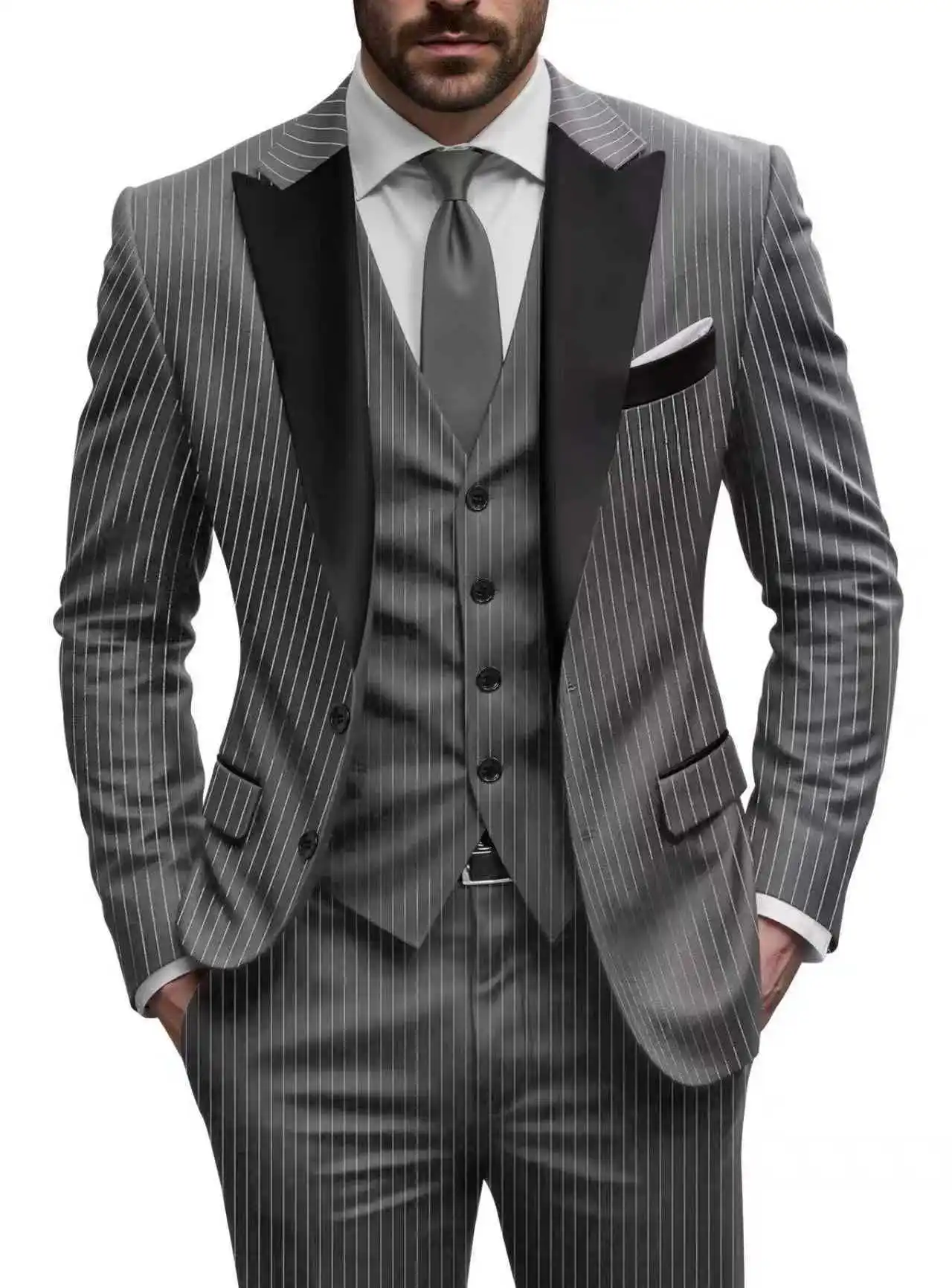 

Men's Striped Slim Fit Tuxedo Set Casual Formal 3-Piece Suit Business Wedding Blazer Pants High-Quality