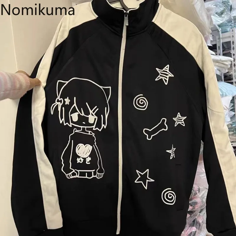 2024 Women Clothing Japanese Cute Jackets Stand Neck Zipper Outwear Y2k Tops Casual Fashion Anime Print Oversized Coats 49B532