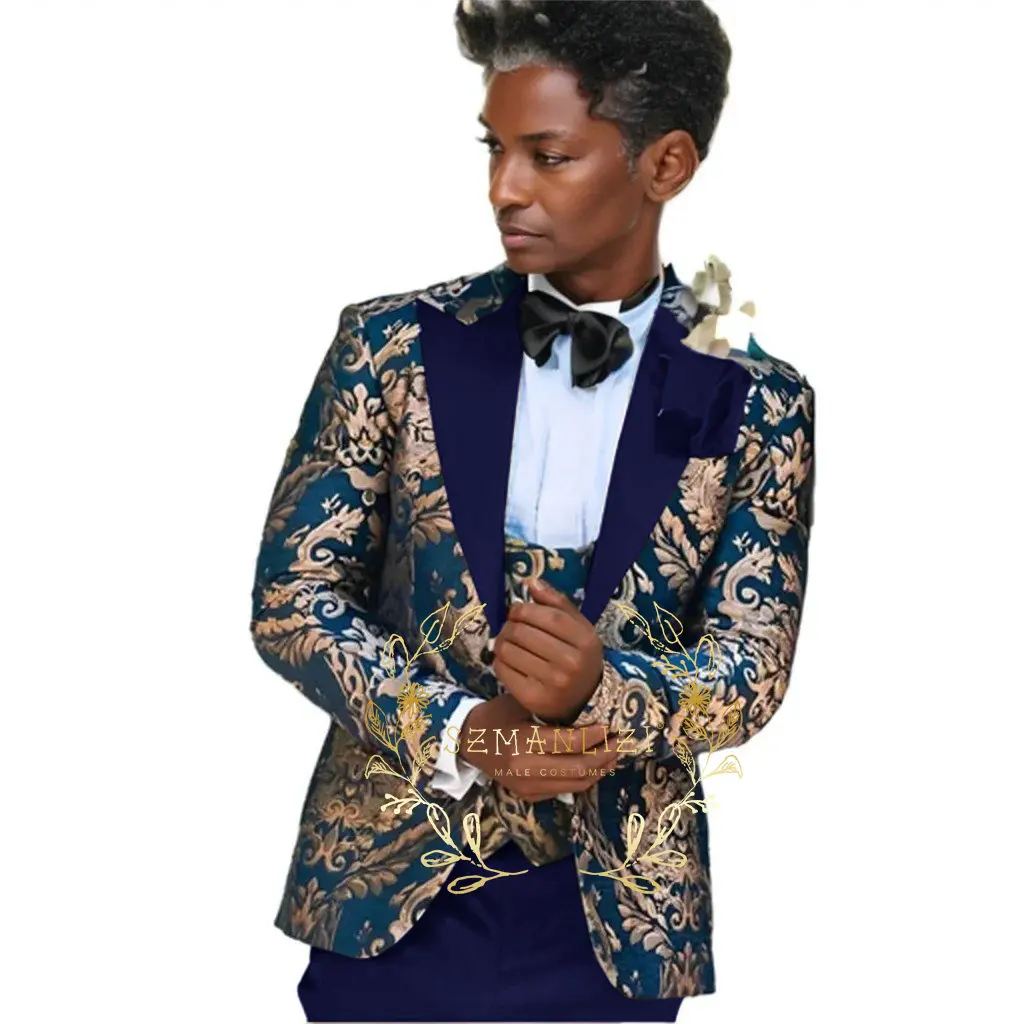 Handsome Suits For Men Navy Blue Gold Floral Costume Homme Mariage 3 Pieces Men Suit Set Tailor Made Formal Tuxedo For Men