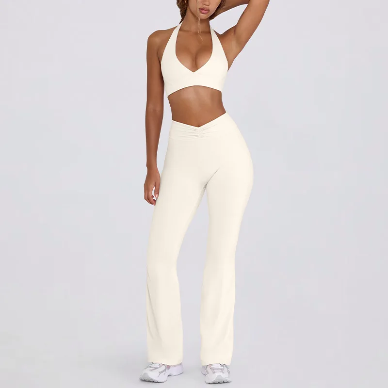 Strapless Halter Backless Sports Bra Flare Pants Set Women Nude Feel Seamless Yoga Workout Tracksuit XL Size Two Pieces XL Size