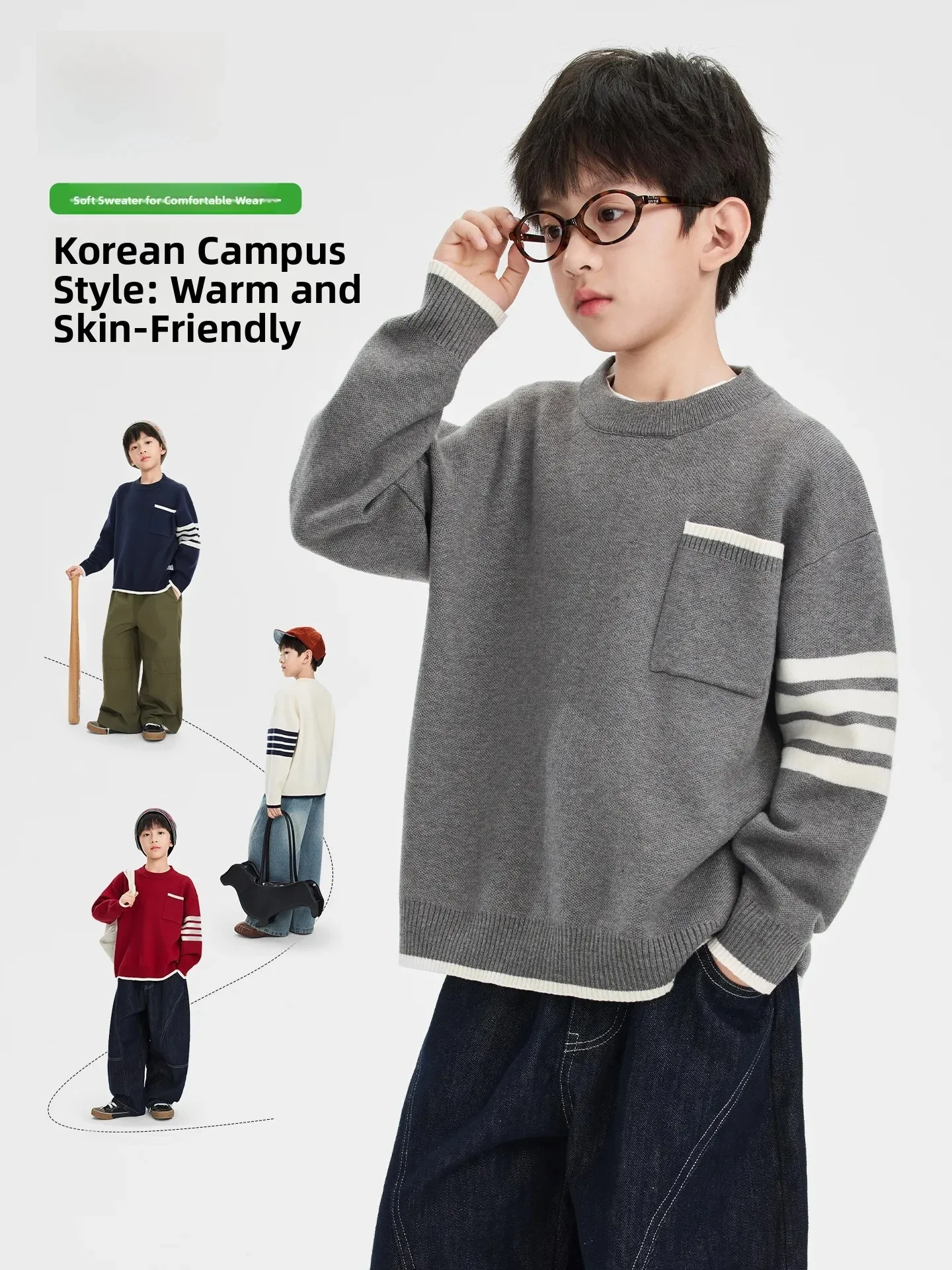 Korean Style Boys Sweater Soft Cozy Overhead Knitted Shirt Trendy School Uniform Top for Children Autumn New Arrival