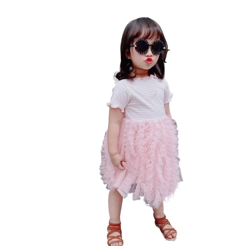 

Baby Lace Dress Summer Kids Short Sleeve Splicing Cake Mesh Dresses 2 3 4 5 6 7 Years Pink Yellow Princess Children's Clothes