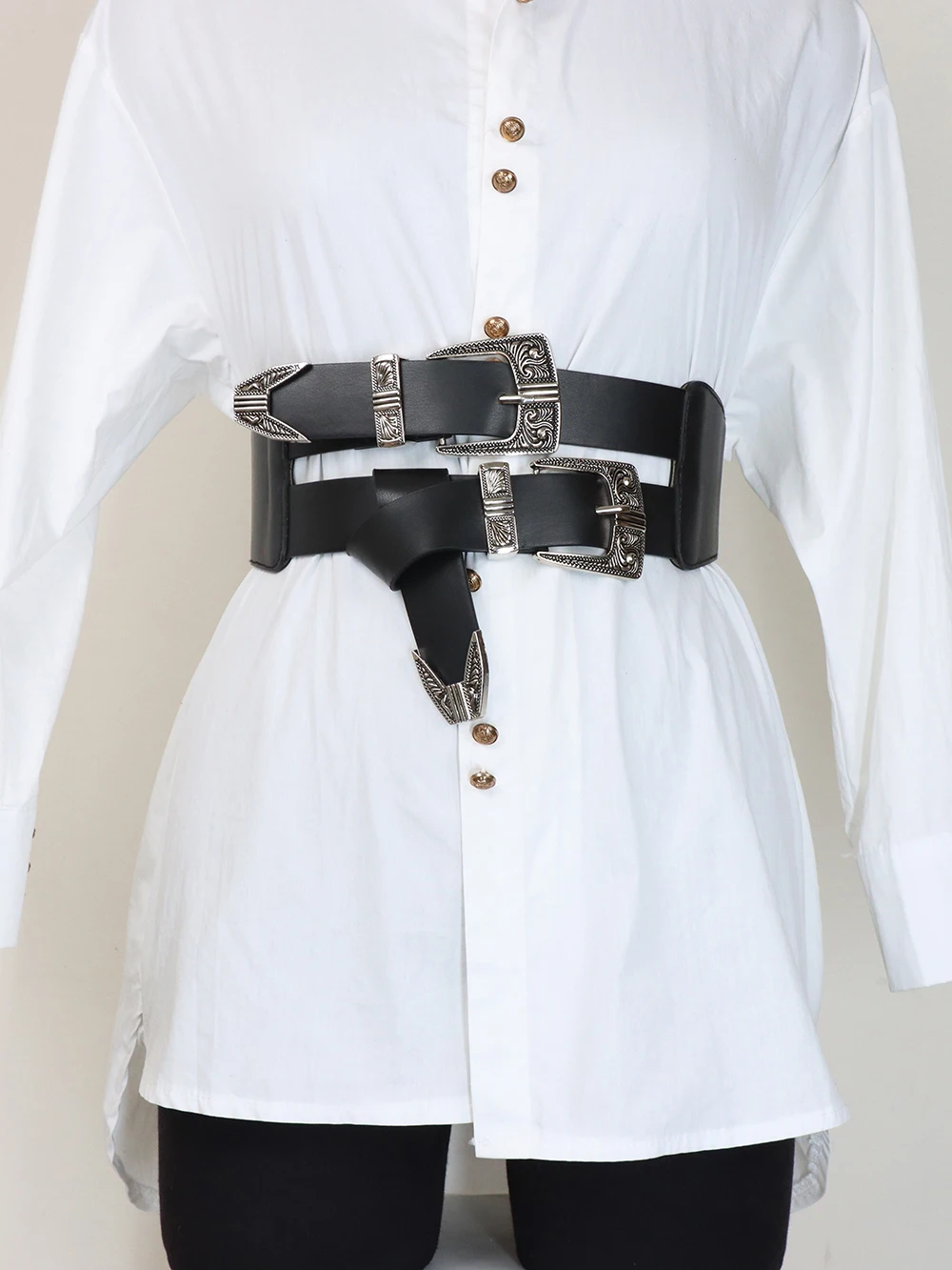 Women\'s PU Belt Retro Carved Alloy Buckle Double-Row Belt Wide Belt Versatile Jeans Clothing Accessories