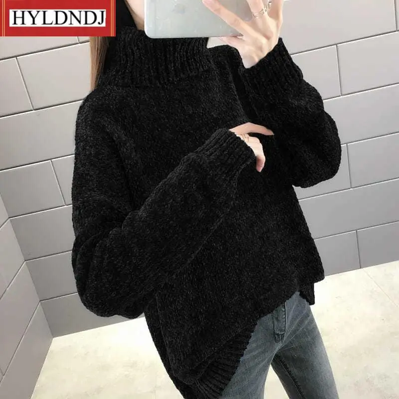 Women Autumn and Winter 2023 Fashion New Chenille Turtleneck Sweater Loose Solid Color Long-Sleeved Pullover Knit Top