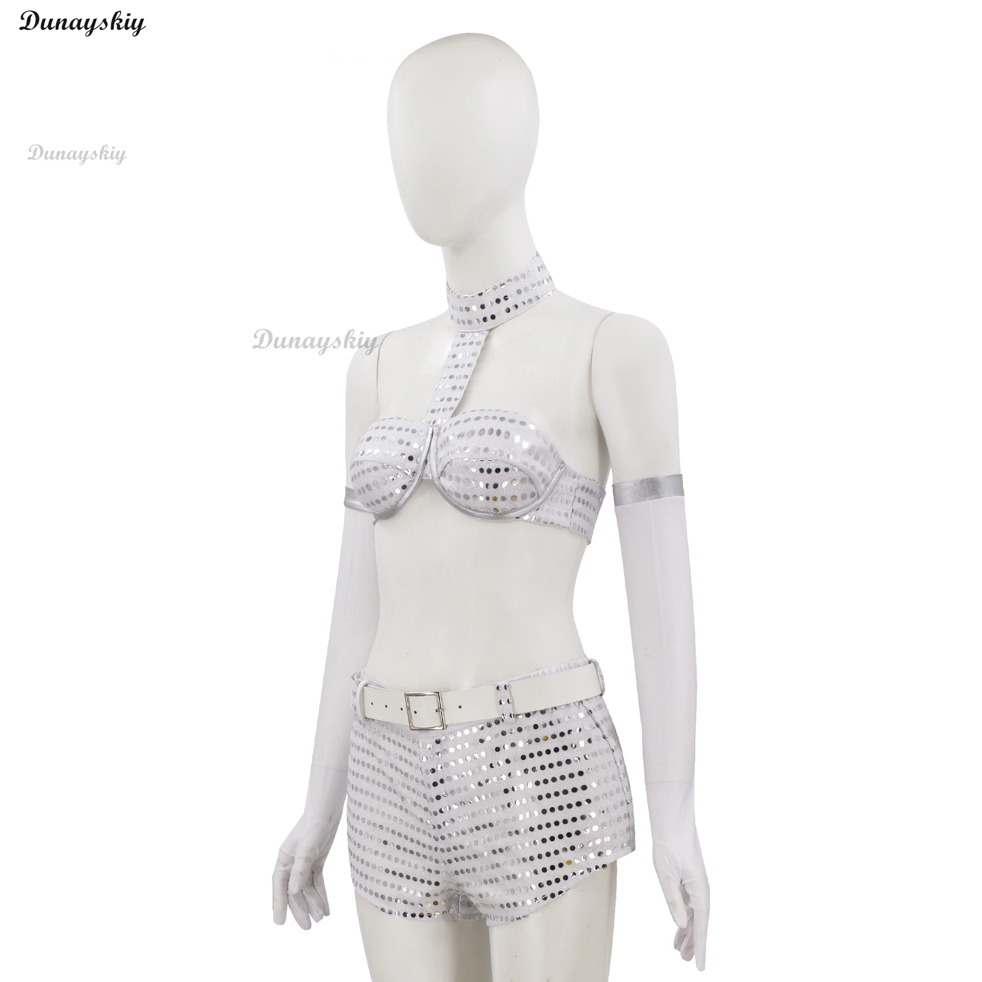 Movie Austin Powers Cosplay Woman Robot Costume Sexy Sliver Top Bra Shorts Suit Stage Performance Outfit Halloween Customized